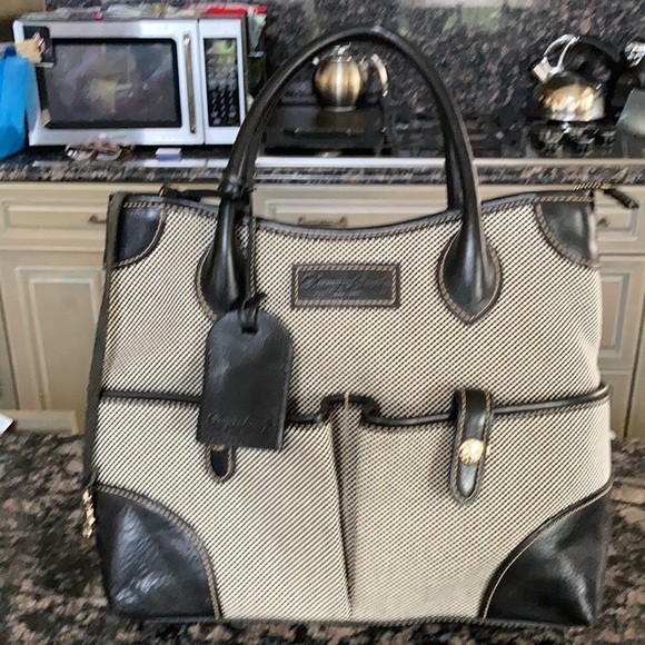 DOONEY & BOURKE CHECKERED CANVAS VACCHETTA LEATHER SATCHEL PURSE TOTE BAG - Picture 5 of 9